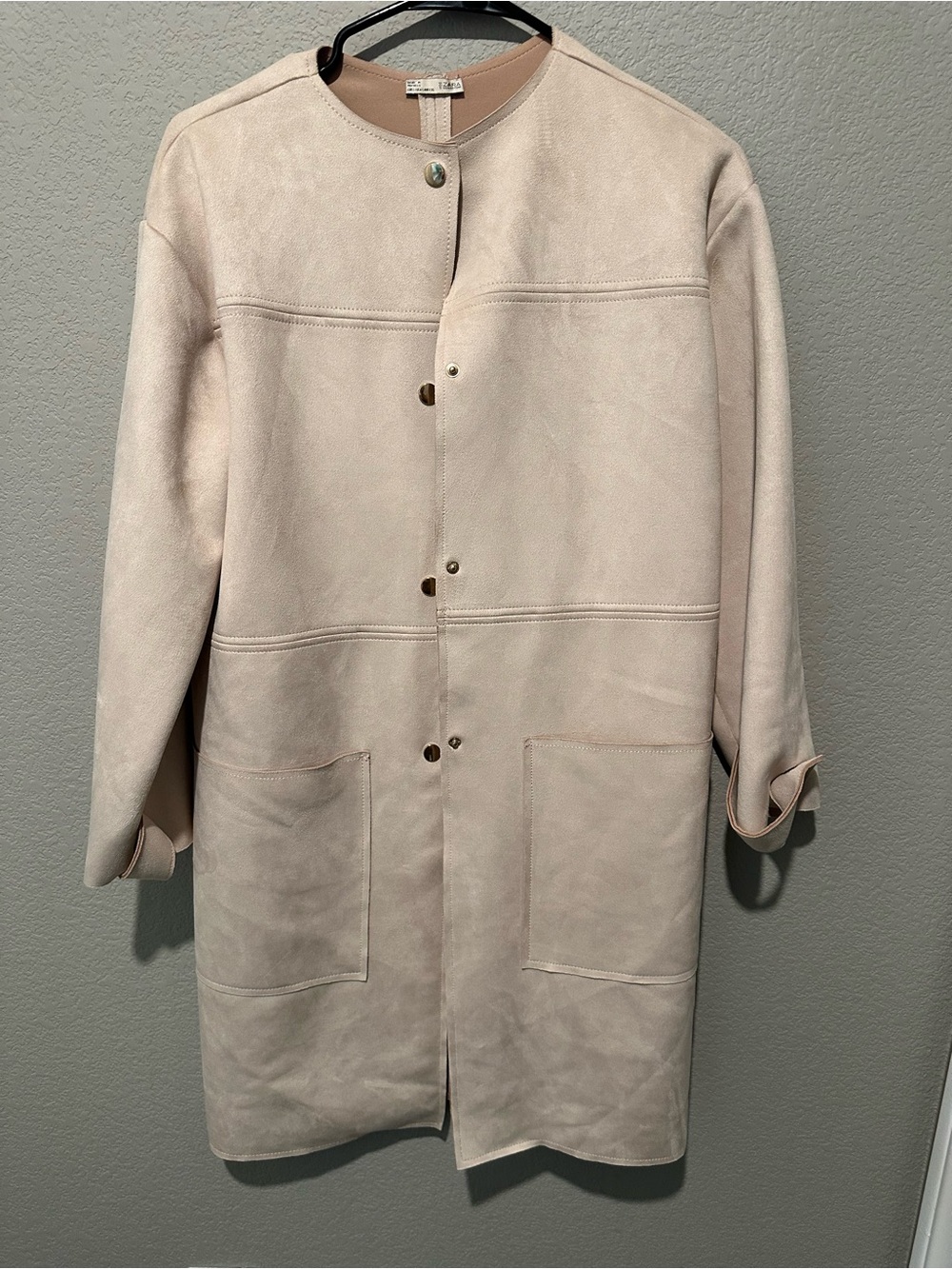 Zara Blush Cream Collarless Suede Snap-Front Jacket